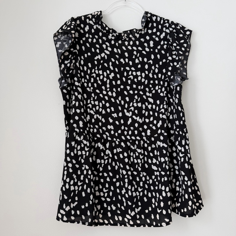 Black + White Printed Flutter Sleeve Women's Top Sz L - Picture 1 of 8